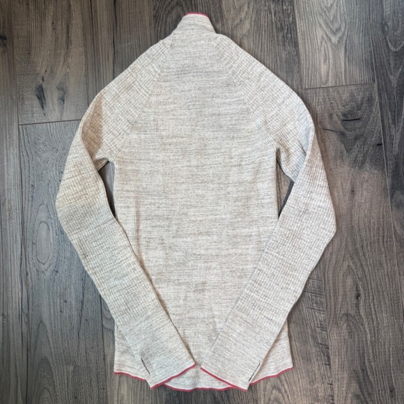 Victorias Secret Ribbed Mock Neck Long Sleeve Top Heathered Beige Pink Trim L G - Picture 2 of 6